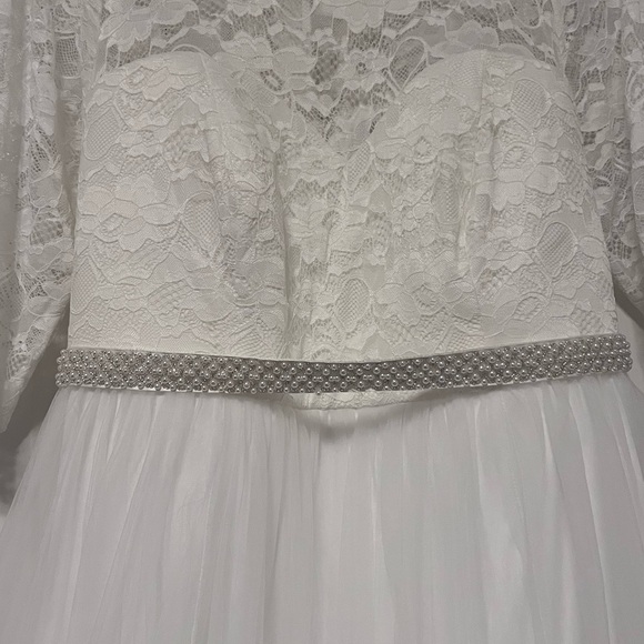 Beautiful Ivory Lace & Tulle Beaded Sash A-Line Wedding Dress sz.18 - Picture 6 of 13